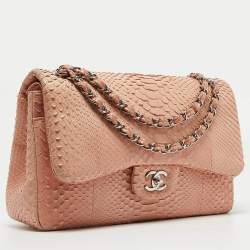 Pre Owned Chanel Peach Python Jumbo Classic Double Flap Bag