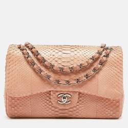 Pre Owned Chanel Peach Python Jumbo Classic Double Flap Bag