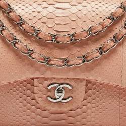 Pre Owned Chanel Peach Python Jumbo Classic Double Flap Bag