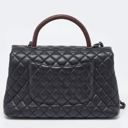 Chanel Black/Red Quilted Caviar Leather and Lizard Medium Coco Top Handle Bag