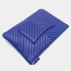 Pre Owned Chanel Blue Leather Chevron Clutch Bag