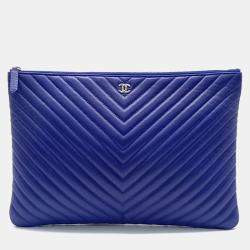 Pre Owned Chanel Blue Leather Chevron Clutch Bag