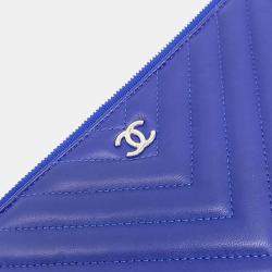 Pre Owned Chanel Blue Leather Chevron Clutch Bag