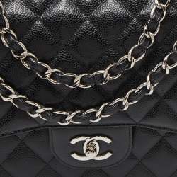 Pre Owned Chanel Black Caviar Quilted Leather Jumbo Classic Double Flap Bag