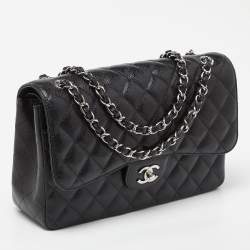 Pre Owned Chanel Black Caviar Quilted Leather Jumbo Classic Double Flap Bag