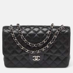 Pre Owned Chanel Black Caviar Quilted Leather Jumbo Classic Double Flap Bag