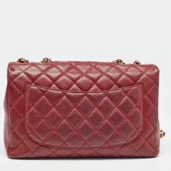 Pre Owned Chanel Red Quilted Caviar Leather Jumbo Classic Single Flap Bag