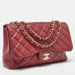 Pre Owned Chanel Red Quilted Caviar Leather Jumbo Classic Single Flap Bag