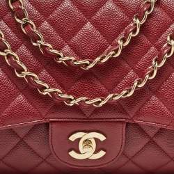 Pre Owned Chanel Red Quilted Caviar Leather Jumbo Classic Single Flap Bag