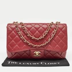 Pre Owned Chanel Red Quilted Caviar Leather Jumbo Classic Single Flap Bag