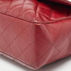 Pre Owned Chanel Red Quilted Caviar Leather Jumbo Classic Single Flap Bag