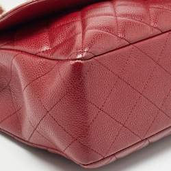 Pre Owned Chanel Red Quilted Caviar Leather Jumbo Classic Single Flap Bag