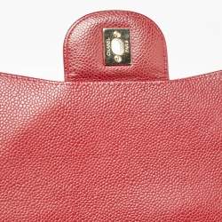 Pre Owned Chanel Red Quilted Caviar Leather Jumbo Classic Single Flap Bag