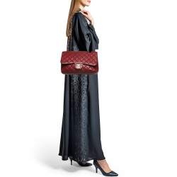 Pre Owned Chanel Red Quilted Caviar Leather Jumbo Classic Single Flap Bag
