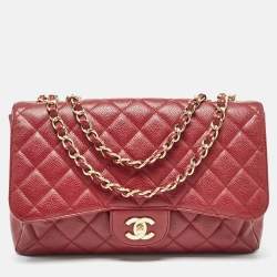 Pre Owned Chanel Red Quilted Caviar Leather Jumbo Classic Single Flap Bag