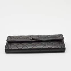 Chanel Black Quilted Leather Large Boy Gusset Flap Wallet