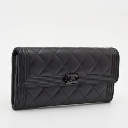 Chanel Black Quilted Leather Large Boy Gusset Flap Wallet