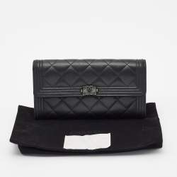 Chanel Black Quilted Leather Large Boy Gusset Flap Wallet