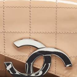 Pre Owned Chanel Peach Square Quilt Patent Leather Diagonal CC Flap Bag