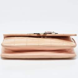 Pre Owned Chanel Peach Square Quilt Patent Leather Diagonal CC Flap Bag