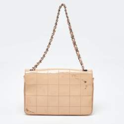 Pre Owned Chanel Peach Square Quilt Patent Leather Diagonal CC Flap Bag