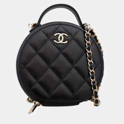 Pre Owned Chanel Black Leather Round Top Handle Vanity Bag