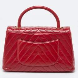 Pre Owned Chanel Red Chevron Quilted Leather Small Coco Top Handle Bag