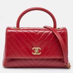 Pre Owned Chanel Red Chevron Quilted Leather Small Coco Top Handle Bag