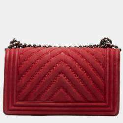 Chanel Red Suede Medium Chevron Boy Bag