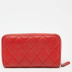 Chanel Orange Quilted Caviar Leather Zip Around Wallet