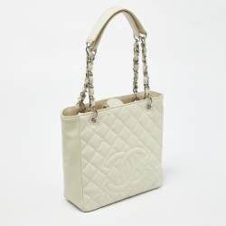 Pre Owned Chanel Ivory Quilted Caviar Leather Petite Shopping Tote