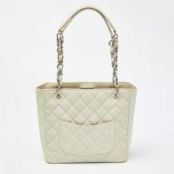 Pre Owned Chanel Ivory Quilted Caviar Leather Petite Shopping Tote