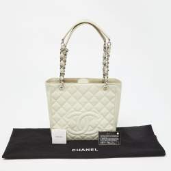 Pre Owned Chanel Ivory Quilted Caviar Leather Petite Shopping Tote