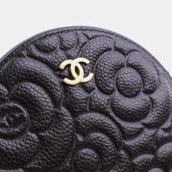 Chanel  Black Caviar Camellia Embossed Round Clutch With Chain