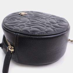 Chanel  Black Caviar Camellia Embossed Round Clutch With Chain