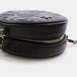 Chanel  Black Caviar Camellia Embossed Round Clutch With Chain