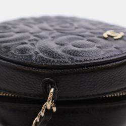 Chanel  Black Caviar Camellia Embossed Round Clutch With Chain