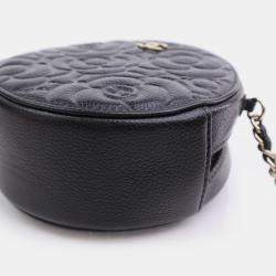 Chanel  Black Caviar Camellia Embossed Round Clutch With Chain