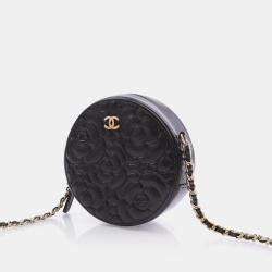 Chanel  Black Caviar Camellia Embossed Round Clutch With Chain