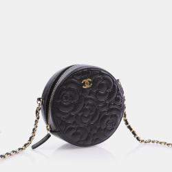 Chanel  Black Caviar Camellia Embossed Round Clutch With Chain