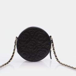 Chanel  Black Caviar Camellia Embossed Round Clutch With Chain