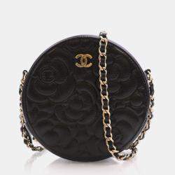 Chanel  Black Caviar Camellia Embossed Round Clutch With Chain