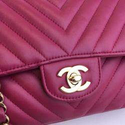 Chanel Dark Pink Leather Small Classic Double Flap Shoulder Bags