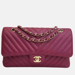 Chanel Dark Pink Leather Small Classic Double Flap Shoulder Bags