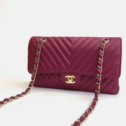 Chanel Dark Pink Leather Small Classic Double Flap Shoulder Bags