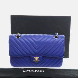 Chanel Blue Leather Chevron Medium Classic Double Flap Shoulder Bags