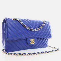 Chanel Blue Leather Chevron Medium Classic Double Flap Shoulder Bags