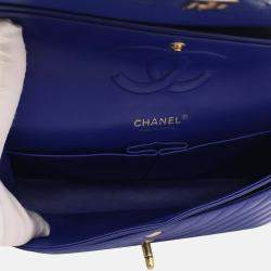 Chanel Blue Leather Chevron Medium Classic Double Flap Shoulder Bags