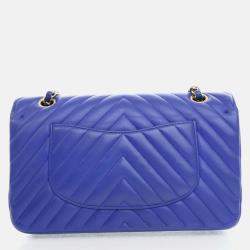 Chanel Blue Leather Chevron Medium Classic Double Flap Shoulder Bags