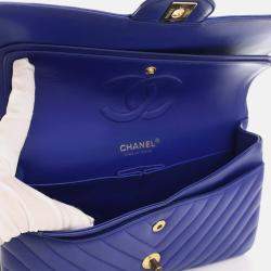 Chanel Blue Leather Chevron Medium Classic Double Flap Shoulder Bags